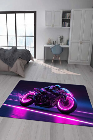 Kaymaz Taban Makinede Yıkanabilir Neon Motor Desenli Çocuk Halısı