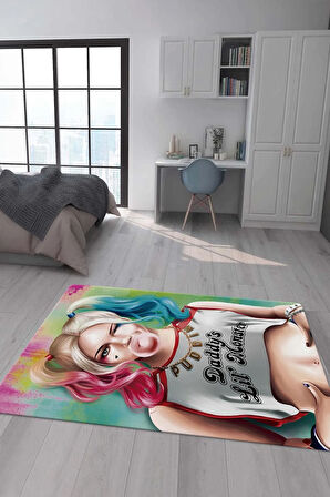 Kaymaz Taban Makinede Yıkanabilir Dijital Baskı Harley Quinn Desenli Çocuk Halısı
