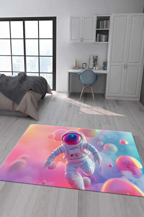 Kaymaz Taban Makinede Yıkanabilir Dijital Baskı Astronot Desenli Genç Odası Halısı