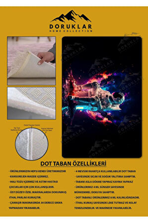 Kaymaz Taban Makinada Yıkanabilir Dijital Baskı Astronot Desenli Genç Odası Halısı