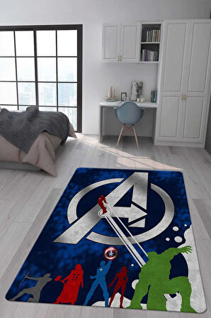 Kaymaz Taban Makinede Yıkanabilir Dijital Baskı Marvel Avengers Desenli Genç Odası Halısı