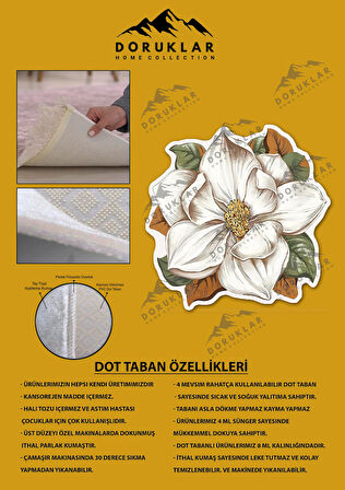 Kaymaz Taban Yıkanabilir Dijital Baskı Lazer Kesim Çiçek Desenli Dot Taban Halı