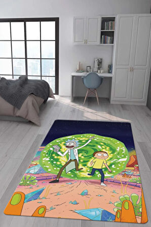 Kaymaz Taban Makinede Yıkanabilir Dijital Baskı Rick And Morty Desenli Genç Odası Halısı