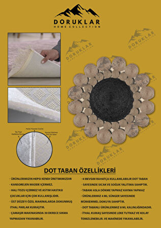 Kaymaz Taban Yıkanabilir Dijital Baskı Lazer Kesim Jüt Görünüm Papatya Hasır Desen Dot Taban Halı