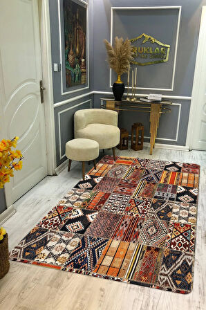 Kaymaz Tabanlı Yıkanabilir Leke Tutmaz Kilim Desenli Salon Halısı Dot Taban Halı KDH13