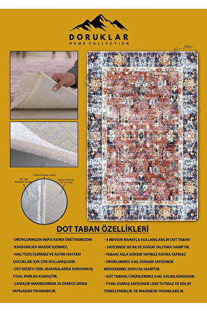 Kaymaz Tabanlı Yıkanabilir Leke Tutmaz Kilim Desenli Salon Halısı Dot Taban Halı KDH14