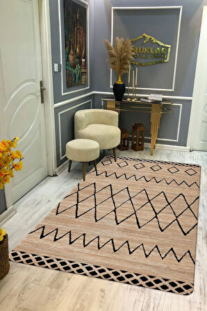 Kaymaz Tabanlı Yıkanabilir Leke Tutmaz Kilim Desenli Salon Halısı Dot Taban Halı KDH25