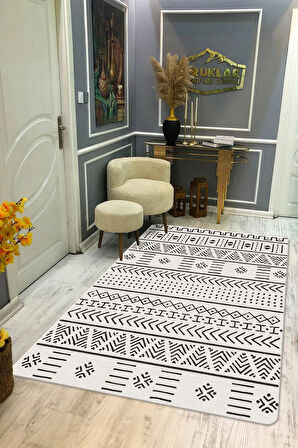 Kaymaz Tabanlı Yıkanabilir Leke Tutmaz Kilim Desenli Salon Halısı Dot Taban Halı KDH26
