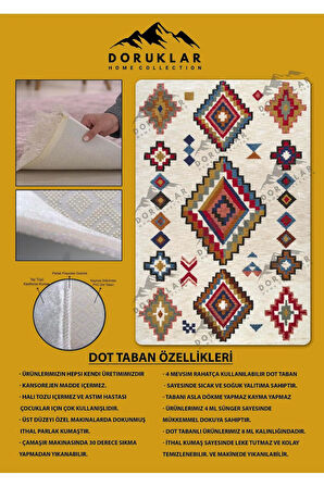 Kaymaz Tabanlı Yıkanabilir Leke Tutmaz Kilim Desenli Salon Halısı Dot Taban Halı KDH29