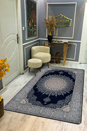Kaymaz Tabanlı Yıkanabilir Leke Tutmaz Modern Klasik Desenli Salon Halısı Dot Taban Halı KLDH19