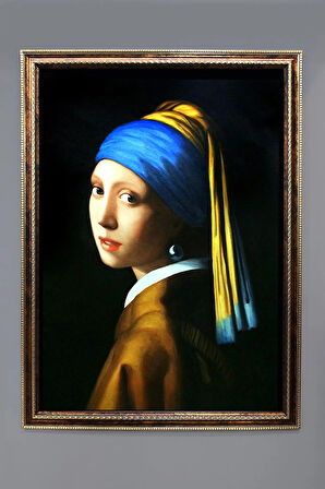 Gold Çerçeveli İnci Küpeli Kız Tablosu Portresi 50x70CM