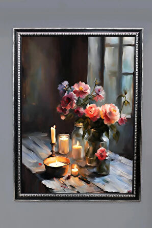Gold Çerçeveli Mum ve Çiçek Tablosu Portresi 50x70CM