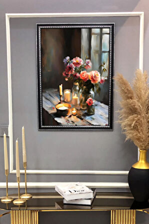 Gold Çerçeveli Mum ve Çiçek Tablosu Portresi 50x70CM