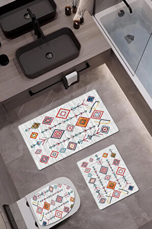 Bambu Kumaş Deri Tabanlı Yıkanabilir Kaymaz Tabanlı Modern Desenli 3'lü Klozet Takımı Banyo Paspas Seti