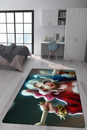 Kaymaz Taban Makinede Yıkanabilir Dijital Baskı Harley Quinn Desenli Genç Odası Halısı