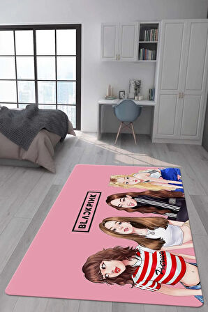 Kaymaz Taban Makinede Yıkanabilir Dijital Baskı Blackpink Desenli Genç Ve Çocuk Odası Halısı