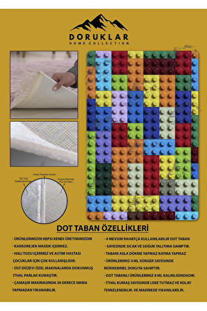 Kaymaz Taban Makinede Yıkanabilir Dijital Baskı Lego Desenli Genç Halısı Dot Taban Halı