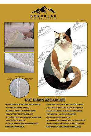 Kaymaz Taban Makinada Yıkanabilir Dijital Baskı Kedi Desenli Genç Halısı Dot Taban Halı
