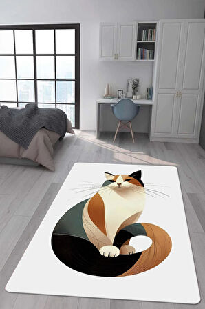 Kaymaz Taban Makinada Yıkanabilir Dijital Baskı Kedi Desenli Genç Halısı Dot Taban Halı