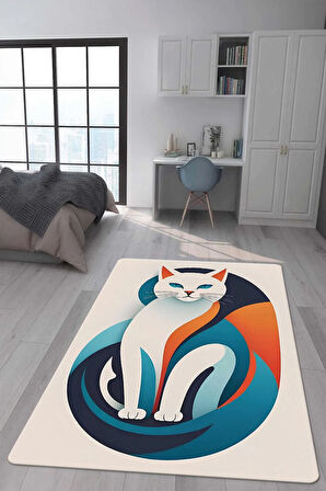 Kaymaz Taban Makinede Yıkanabilir Dijital Baskı Kedi Desenli Genç Halısı Dot Taban Halı
