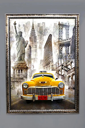 Dekoratif Modern Çerçeveli Sarı Taxi Desenli Duvar Tablosu 50x70 CM