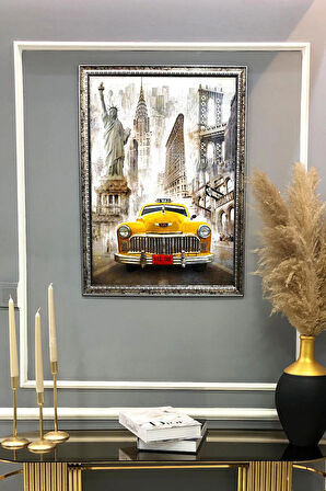Dekoratif Modern Çerçeveli Sarı Taxi Desenli Duvar Tablosu 50x70 CM