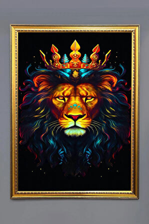 Dekoratif Modern Çerçeveli Aslan Desenli Duvar Tablosu 50x70 CM