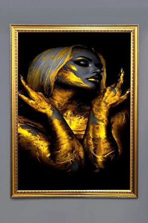 Dekoratif Modern Çerçeveli Gold Kadın Desenli Duvar Tablosu 50x70 CM