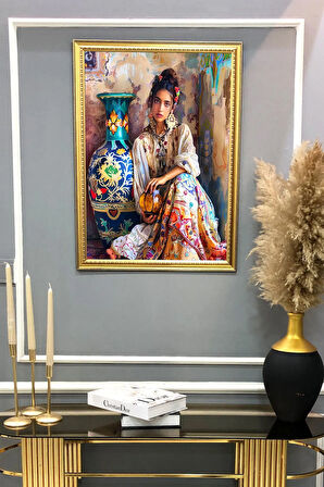 Dekoratif Modern Çerçeveli Otantik Vazo ve Kadın Desenli Duvar Tablosu 50x70 CM
