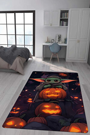 Kaymaz Taban Makinede Yıkanabilir Dijital Baskı Baby Yoda Desenli Genç Ve Çocuk Odası Halısı Dot Taban Halı