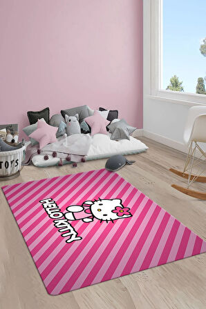 Kaymaz Taban Makinada Yıkanabilir Dijital Baskı Hello Kitty Desenli Genç ve Çocuk Odası Halısı Dot Taban Halı