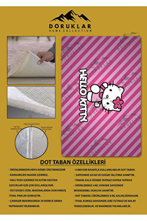 Kaymaz Taban Makinada Yıkanabilir Dijital Baskı Hello Kitty Desenli Genç ve Çocuk Odası Halısı Dot Taban Halı