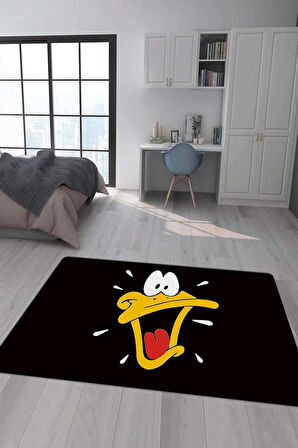 Kaymaz Taban Makinada Yıkanabilir Dijital Baskı Duffy Duck Desenli Genç ve Çocuk Odası Halısı Dot Taban Halı