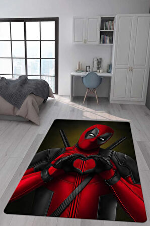 Kaymaz Taban Makinede Yıkanabilir Dijital Baskı Deadpool Desenli Genç Ve Çocuk Odası Halısı Dot Taban Hal