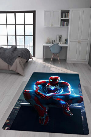 Kaymaz Taban Makinada Yıkanabilir Dijital Baskı SpiderMan Desenli Genç ve Çocuk Odası Halısı Dot Taban Hal