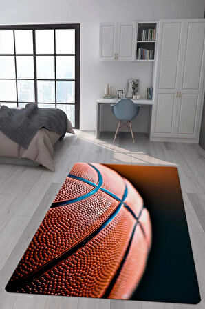 Kaymaz Taban Makinede Yıkanabilir Dijital Baskı Basket Topu Desenli Genç Odası Halısı Dot Taban Halı
