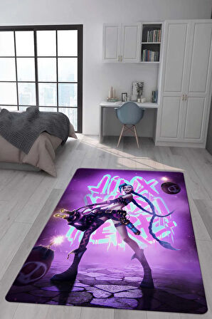 Kaymaz Taban Makinede Yıkanabilir Dijital Baskı Arcane Jinx Desenli Genç Odası Halısı Dot Taban Halı