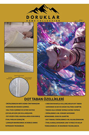 Kaymaz Taban Makinede Yıkanabilir Dijital Baskı Arcane Jinx Desenli Genç Odası Halısı Dot Taban Halı