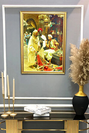 Dekoratif Modern Gold Çerçeveli Oryantalist Osmanlı Desenli Duvar Tablosu 50x70 CM