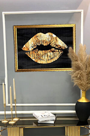 Dekoratif Modern Çerçeveli Gold Dudak Desenli Duvar Tablosu 50x70 CM