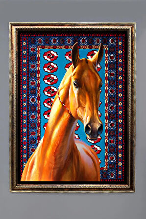 Dekoratif Modern Çerçeveli Halı ve At Desenli Duvar Tablosu 50x70 CM