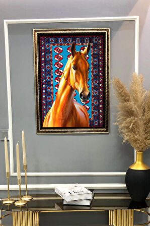 Dekoratif Modern Çerçeveli Halı ve At Desenli Duvar Tablosu 50x70 CM