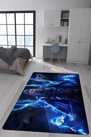Kaymaz Taban Makinede Yıkanabilir Dijital Baskı Thor Mjölnir Desenli Genç Odası Ve Çocuk Odası Halısı Dot Taban Halı