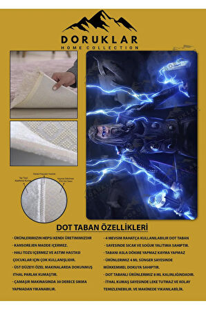 Kaymaz Taban Makinede Yıkanabilir Dijital Baskı Thor Mjölnir Desenli Genç Odası Ve Çocuk Odası Halısı Dot Taban Halı