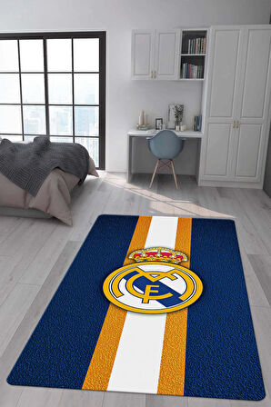 Kaymaz Taban Makinada Yıkanabilir Dijital Baskı Real Madrid Desenli Genç Odası ve Çocuk Odası Halısı Dot Taban Halı