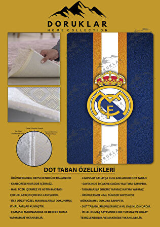 Kaymaz Taban Makinada Yıkanabilir Dijital Baskı Real Madrid Desenli Genç Odası ve Çocuk Odası Halısı Dot Taban Halı