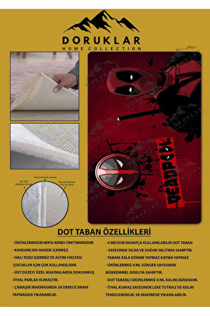 Kaymaz Taban Makinede Yıkanabilir Dijital Baskı Deadpool Desenli Genç Odası Ve Çocuk Odası Halısı Dot Taban Halı