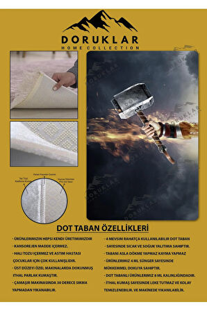 Kaymaz Taban Makinede Yıkanabilir Dijital Baskı Mjölnir Desenli Genç Odası Ve Çocuk Odası Halısı Dot Taban Halı