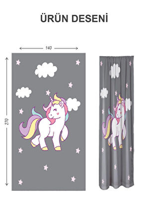 Dijital Baskı Yıkanabilir Unicorn Desenli 2 Kanat Bebek ve Çocuk Odası Fon Perdesi