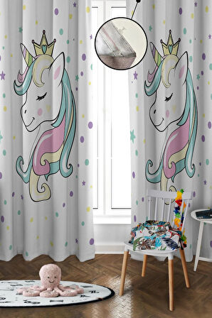 Dijital Baskı Yıkanabilir Unicorn Desenli 2 Kanat Bebek ve Çocuk Odası Fon Perdesi